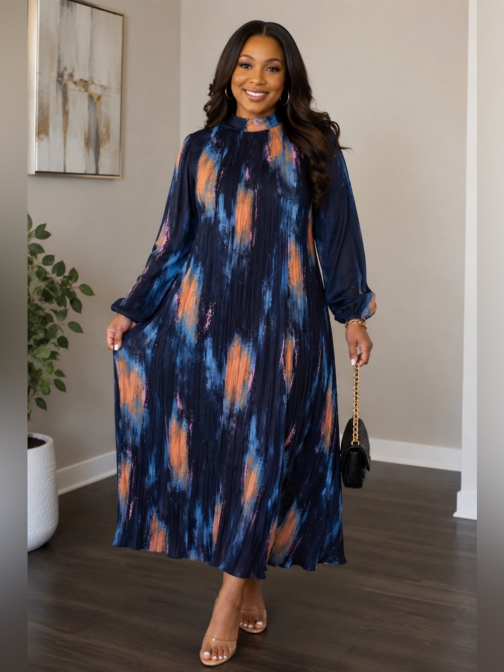 Women’s Abstract Print Pleated Maxi Dress Size 3XL BNWOT